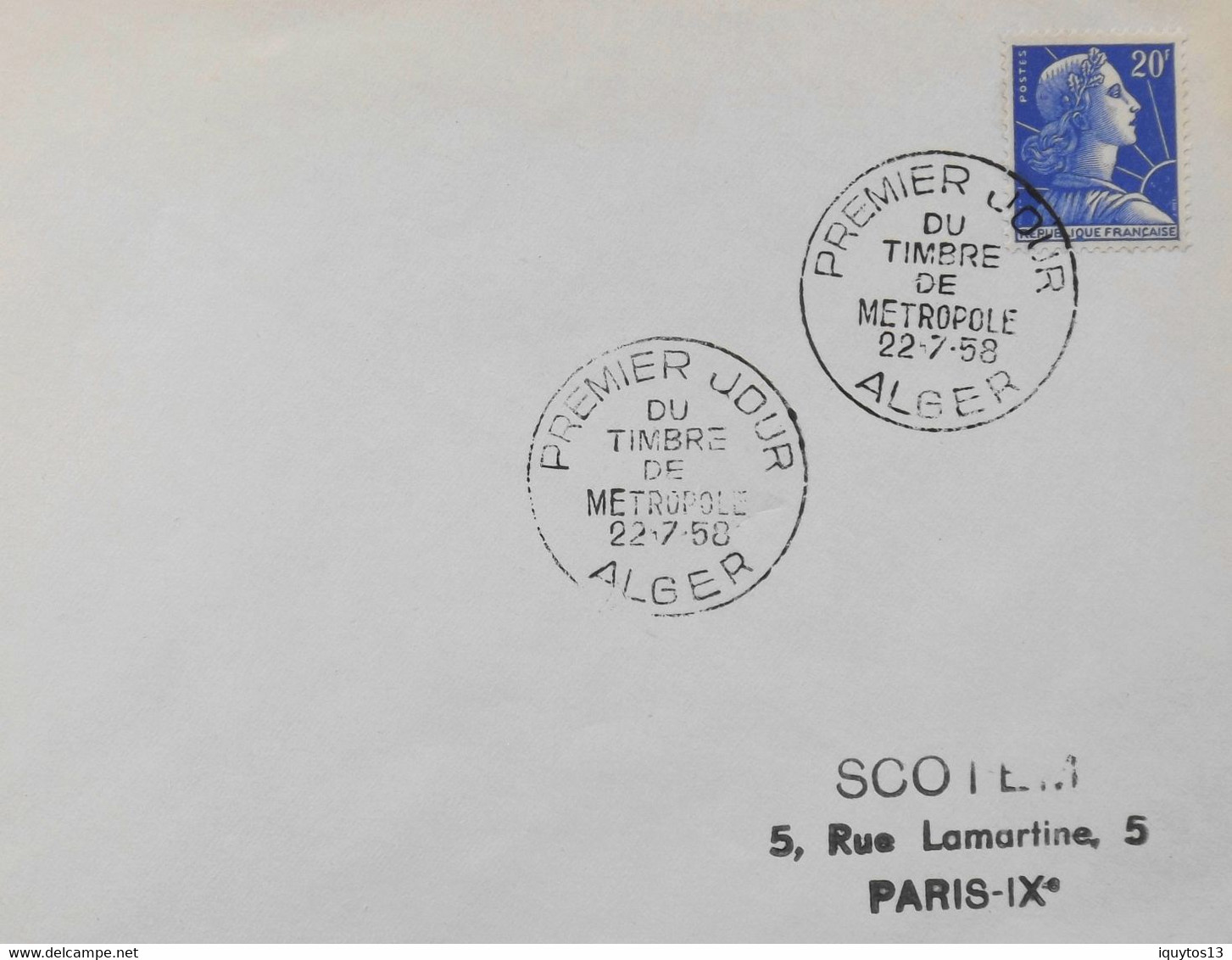 Lettre 1er Jour ALGERIE 1958 - Du 1er TIMBRE De METROPOLE N° 349 Y & T - Daté Alger Le 22.7.1958 - TBE - FDC