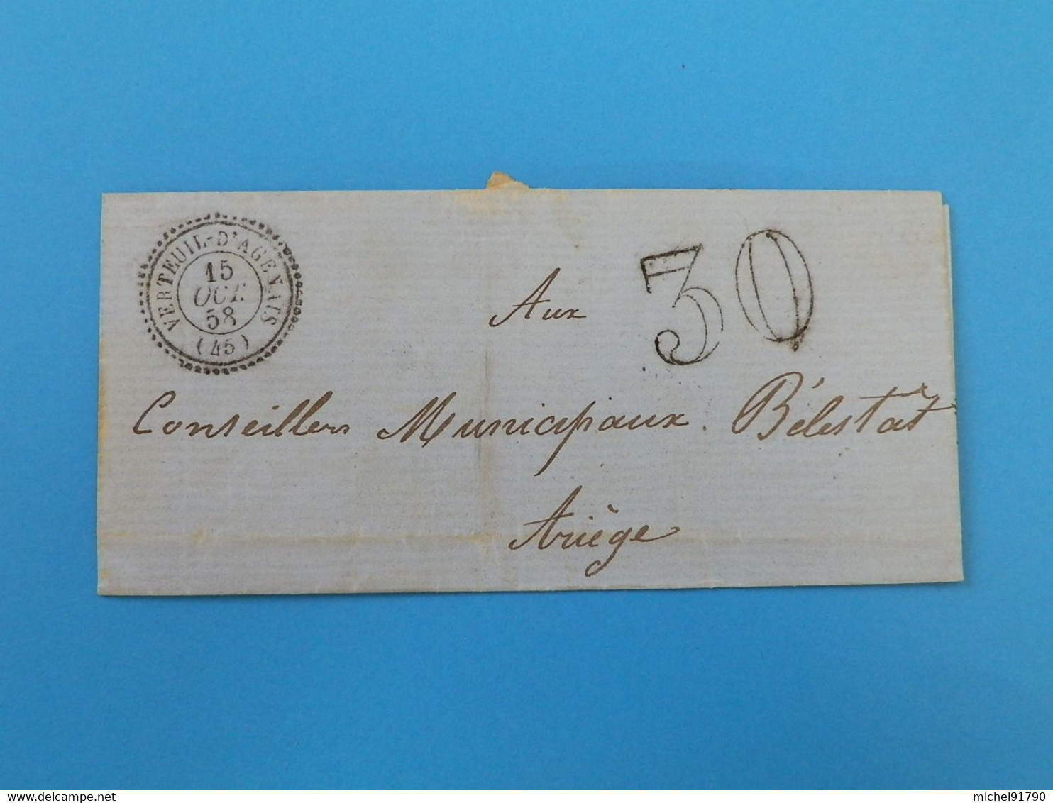 MARQUE POSTALE DE VERTEUIL D'AGENAIS A BELESTA DU 15 OCTOBRE 1858 - 1849-1876: Classic Period