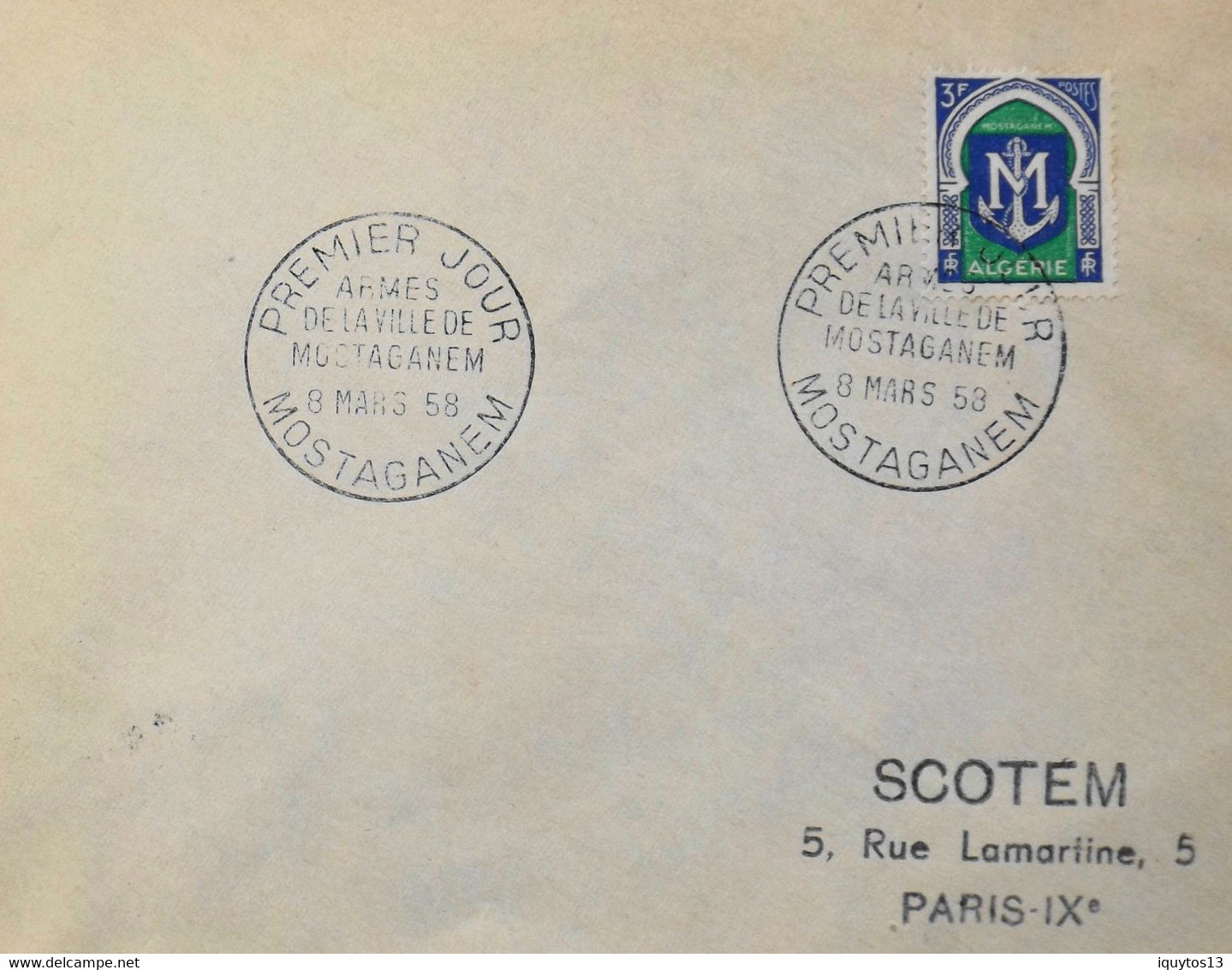 Lettre 1er Jour ALGERIE 1958 - ARMES De La VILLE De MOSTAGANEM - Daté Mostaganem Le 8.3.1958 - TBE - FDC