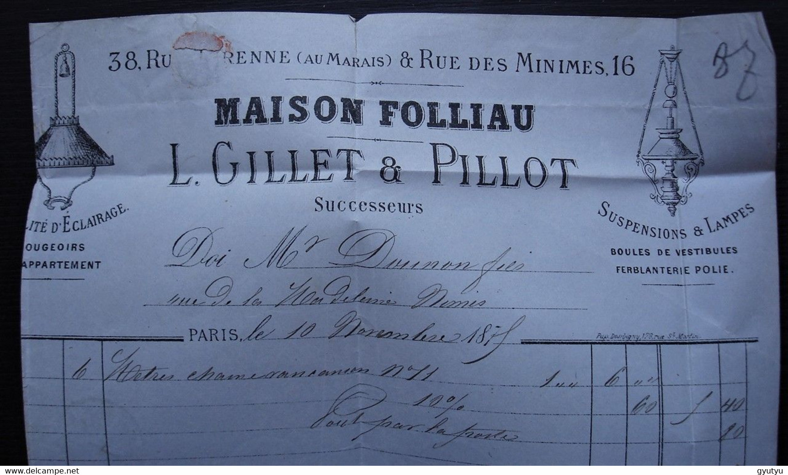 Paris Bd Beaumarchais étoile 12 Maison Folliau Gillet Et Pillot Suspensions Et Lampes 1875 Lettre Pour Nîmes - 1849-1876: Classic Period