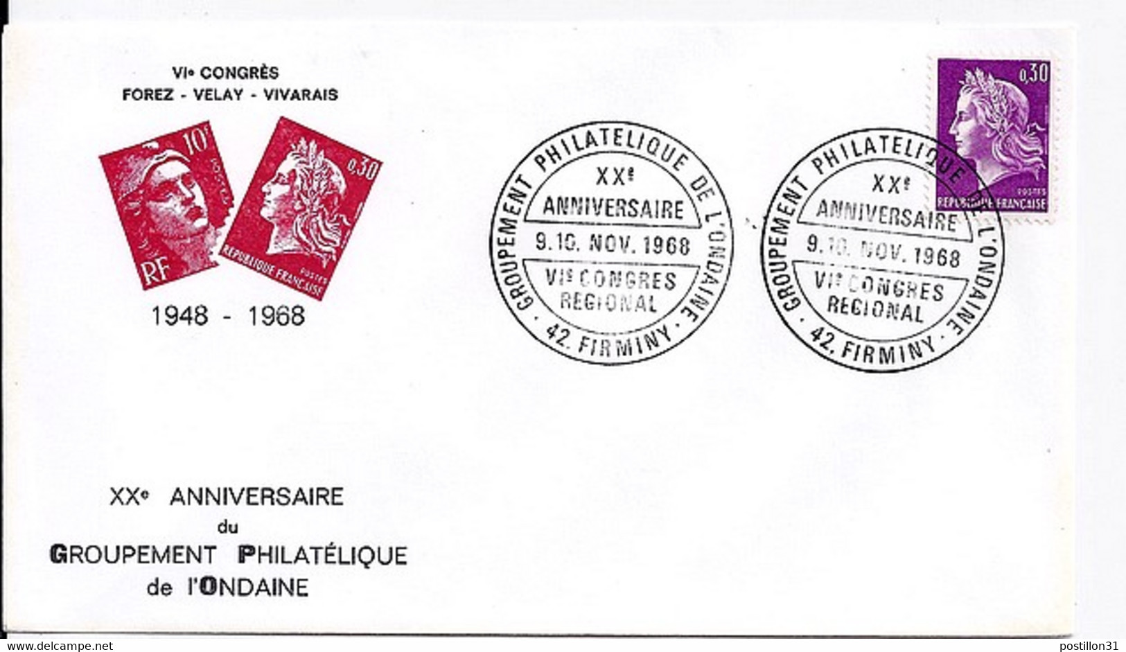 TYPE MARIANNE DE CHEFFER N° 1536 SUR L. DE FIRMINY / 9.11.68 - 1967-1970 Marianne De Cheffer