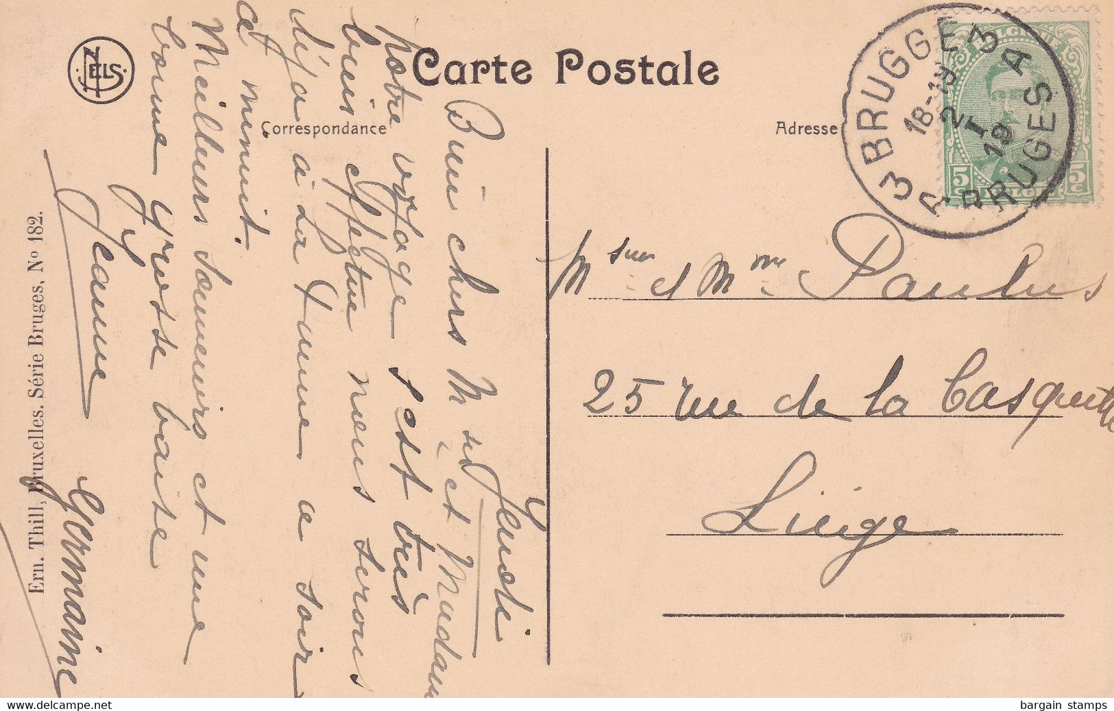 Belgique - COB 137 Obl. Brugge - Bruges 3A Sur Carte Postale Vers Liège - Derrière Gruuthuse. Le Doyenné. - 1915-1920 Albert I