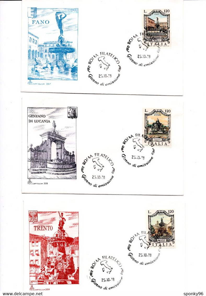 ITALIA FDC - CAPITOLIUM - SERIE FONTANE - FANO, GENZANO DI LUCANIA, TRENTO -   ANNO 1978 - 3 VALORI A.S. ROMA FIL - FDC