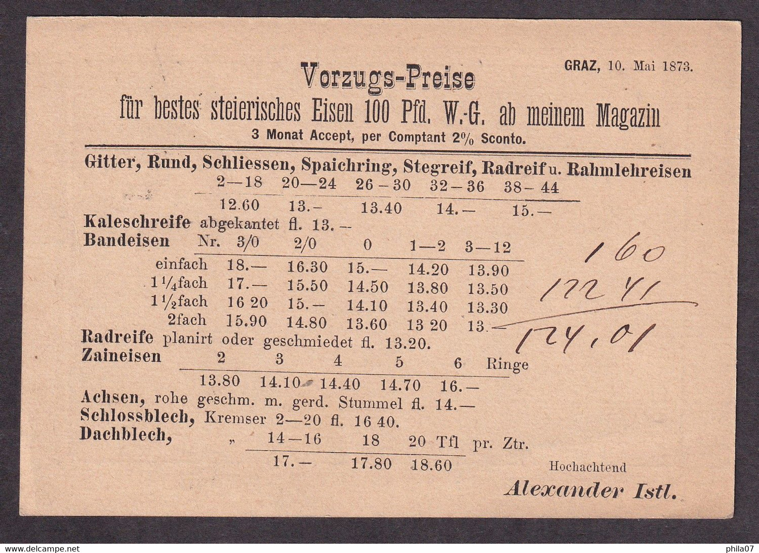 Austria - Stationery Sent From Graz To Zagreb 1873 With Imprinted Prices For Iron Goods. - Sonstige & Ohne Zuordnung