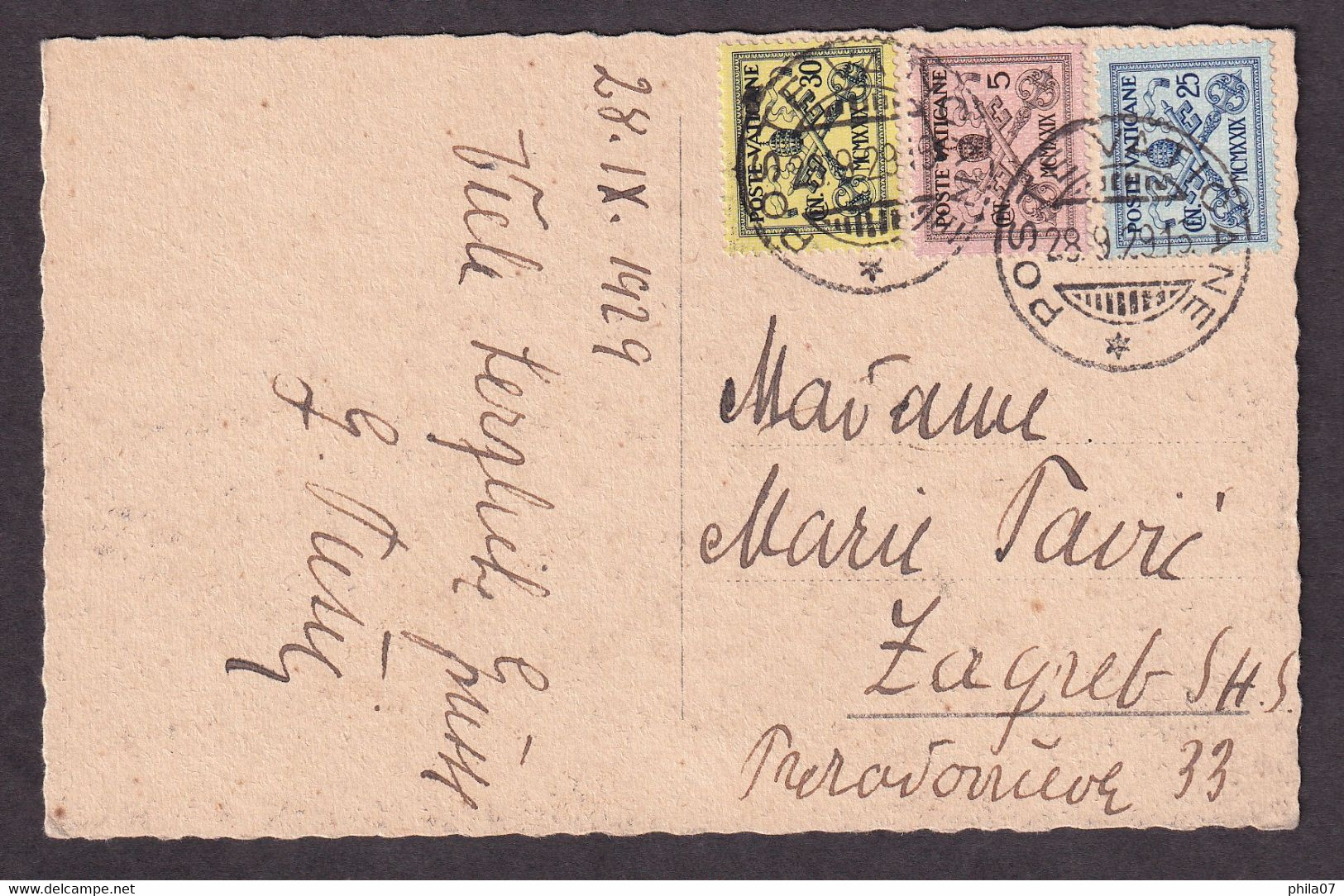 Vatican - Three Colored Franking On Postcard Of Rome From 1929. - Andere & Zonder Classificatie