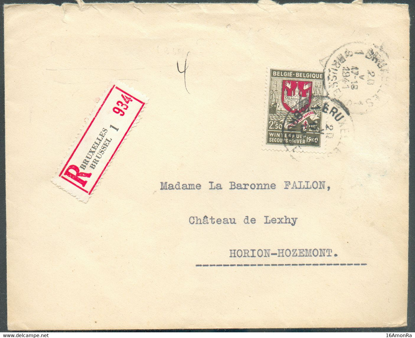 ARMOIRIES 2Fr.50. Obl. Sc BRUXELLES 1 sur Enveloppe Recommandée Du 20-V-1941 Vers Horion-Hozemont . TTB  - 18282 - Cartas & Documentos