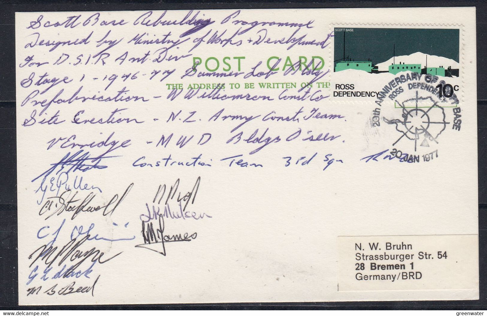 Ross Dependency 1977 Card Scott Base Rebuilding Programme With 10 Signatures Of Members Construction Team (52543) - Lettres & Documents