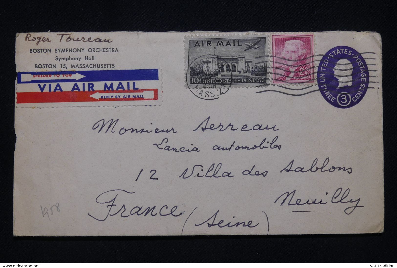 ETATS UNIS - Entier Postal De L 'Orchestre Symphonique + Compléments De Boston Pour La France En 1958 - L 100131 - 1941-60