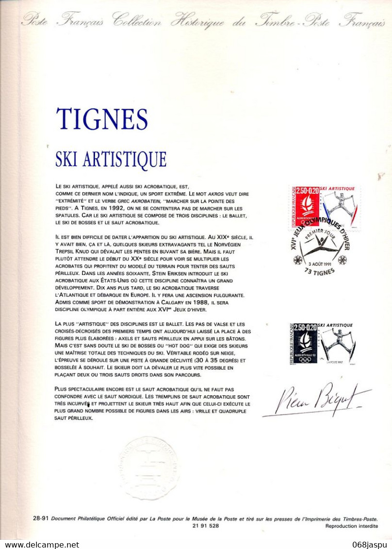 Document Officiel Double Imprimerie Poste Fdc 1991 Tignes Jeu Olympique Ski Acrobatique Signe Bequet - 1990-1999