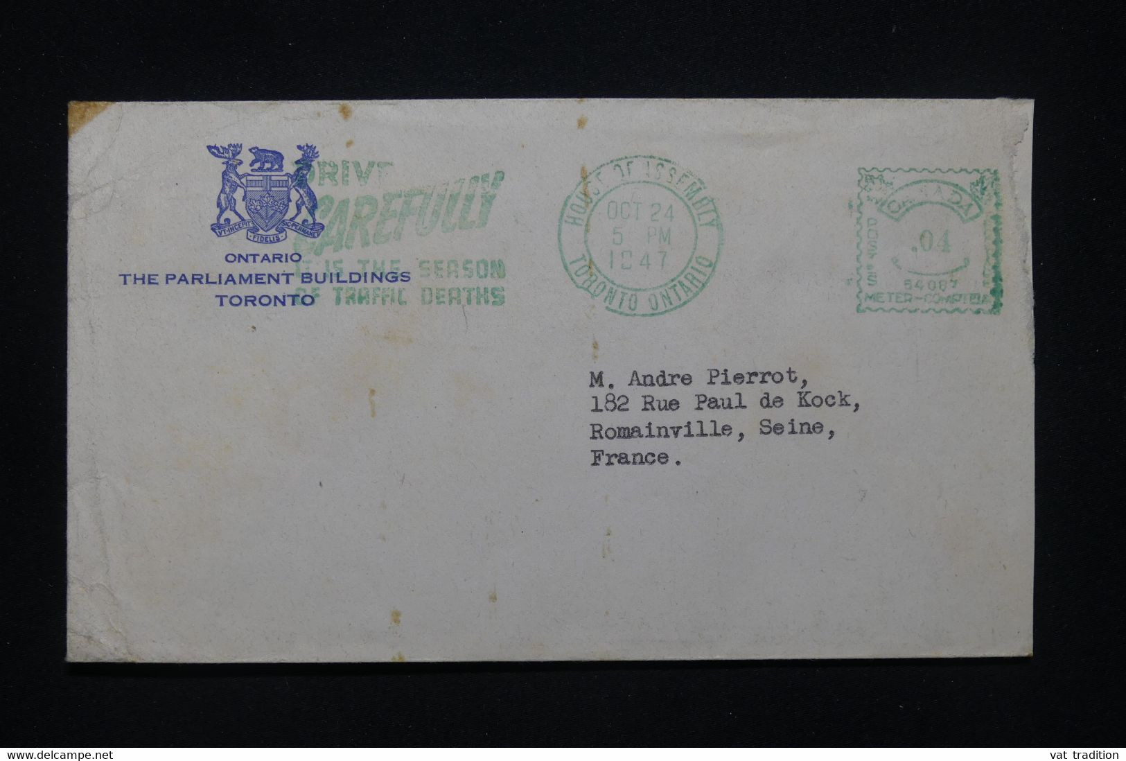 CANADA - Enveloppe Du Parlement Pour La France En 1947, Affranchissement Mécanique - L 100135 - Cartas & Documentos