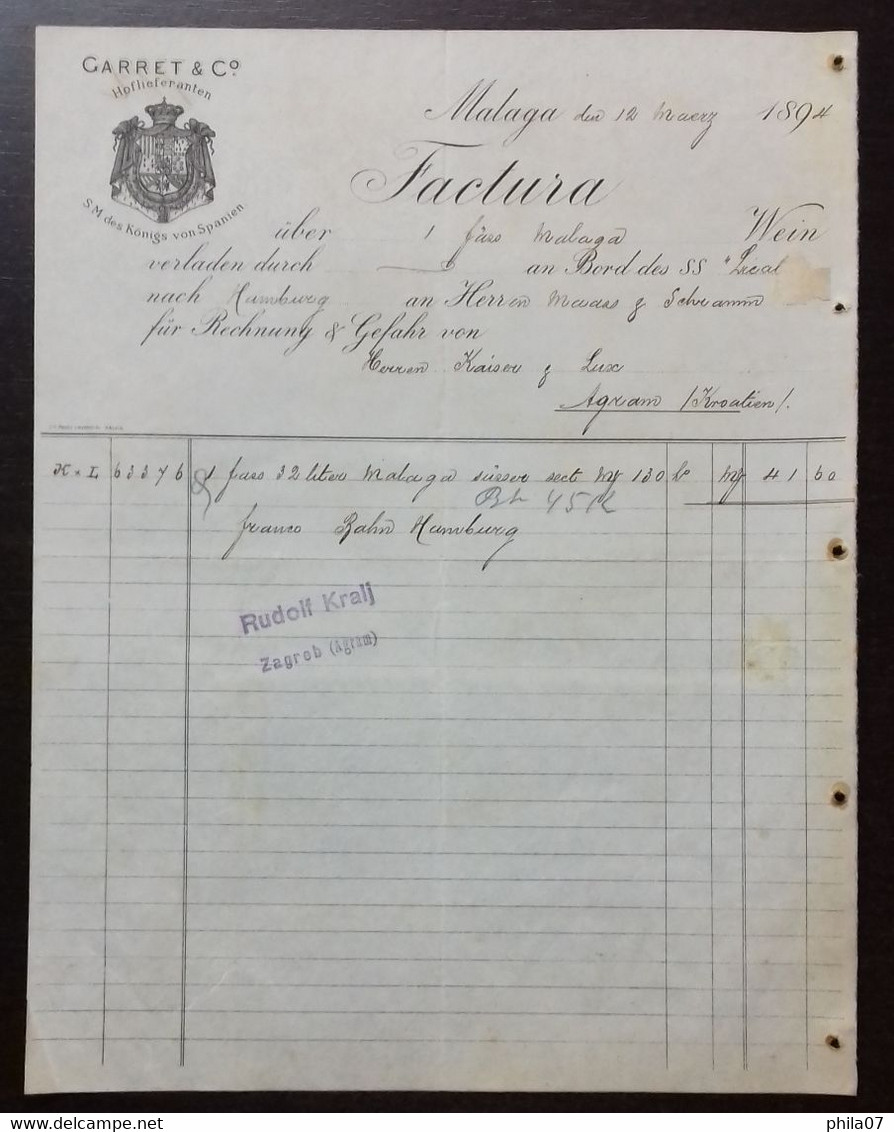 Factura - Malaga 1894. Garret & Co. Hoflieferanten S.M. Des Konigs Von Spanien. - Andere & Zonder Classificatie