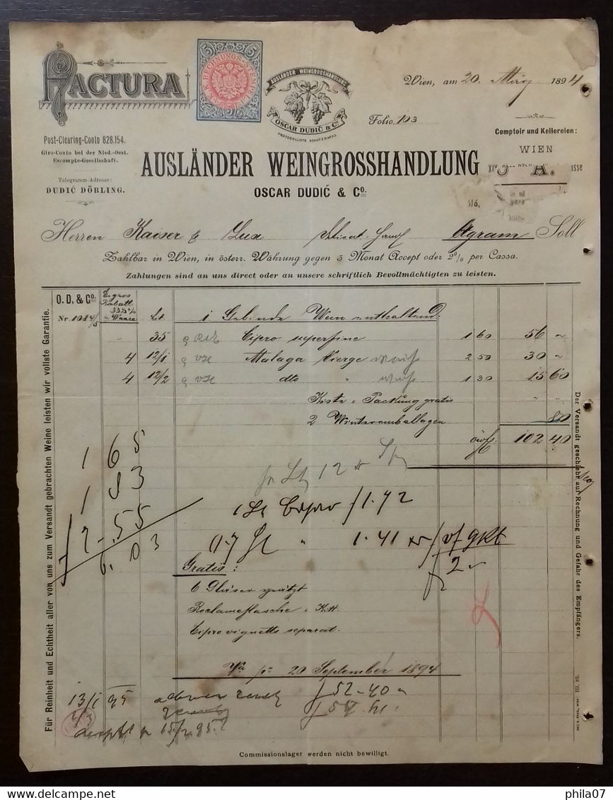 Wine - Auslander Weingrosshandlung, Oscar Dudic & Co., Wien 1894. Factura. - Otros & Sin Clasificación