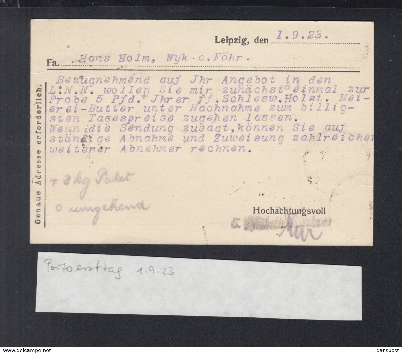 Dt. Reich PK 1923 Portoersttag Leipzig - Brieven En Documenten