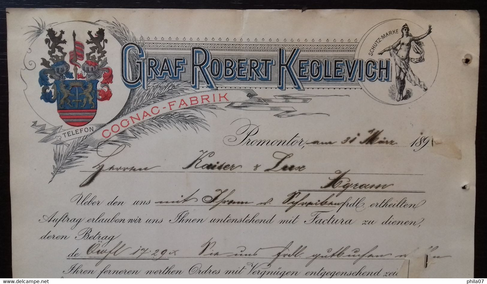 Cognac - Fabrik - Graf Robert Keglevich, 1894. Factura - Other & Unclassified