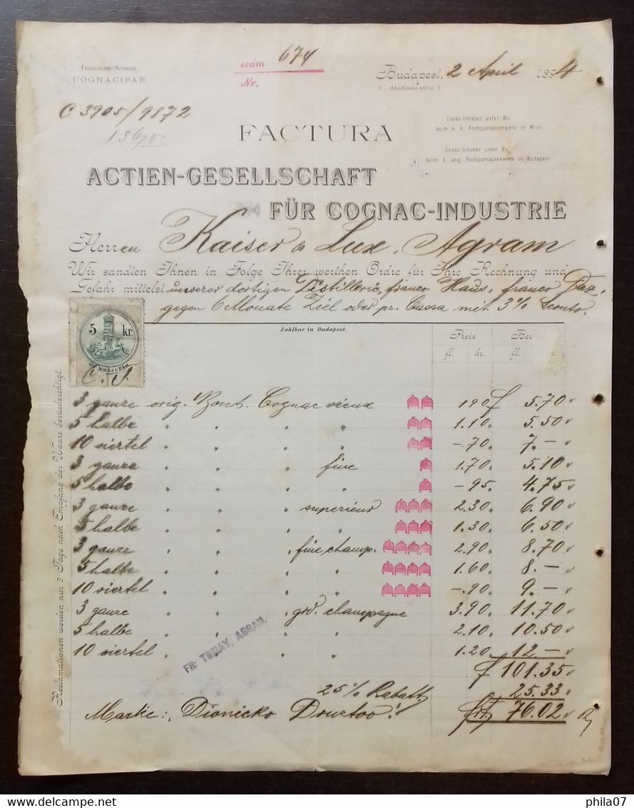 Cognac - Actien-Gesellschaft Fur Cognac-Industrie, Budapest 1894, Factura. - Autres & Non Classés