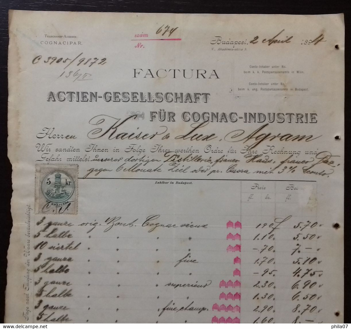 Cognac - Actien-Gesellschaft Fur Cognac-Industrie, Budapest 1894, Factura. - Autres & Non Classés