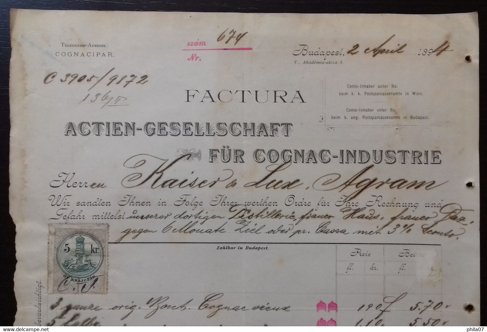 Cognac - Actien-Gesellschaft Fur Cognac-Industrie, Budapest 1894, Factura. - Otros & Sin Clasificación