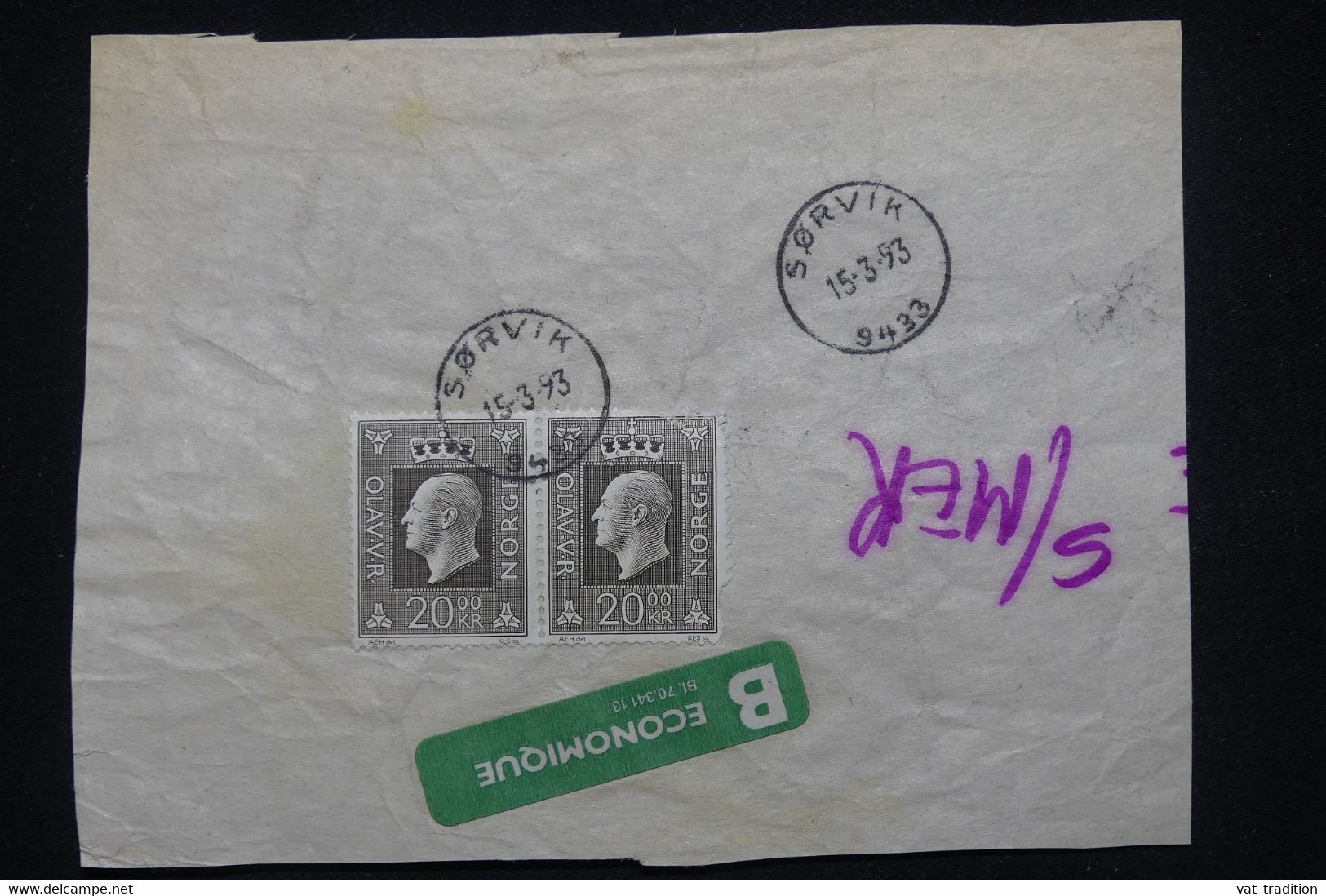NORVÈGE - Grand Fragment En Economique En 1993 De Sorvik  - L 100176 - Lettres & Documents