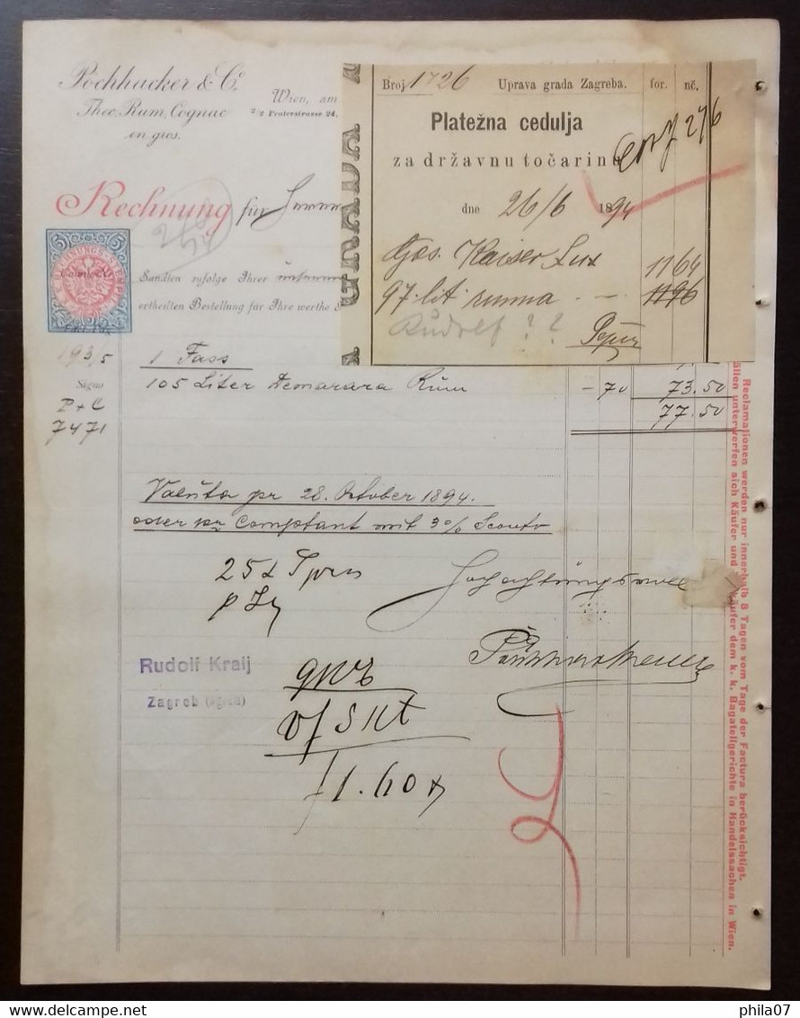 Cognac - Pochhacker & Co. Thee, Rum, Cognac En Gros, Wien 1894, Rechnung, With Payment Receipt. - Autres & Non Classés