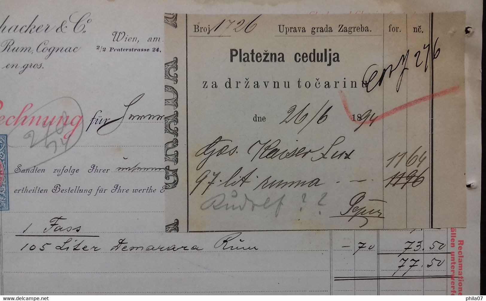 Cognac - Pochhacker & Co. Thee, Rum, Cognac En Gros, Wien 1894, Rechnung, With Payment Receipt. - Sonstige & Ohne Zuordnung