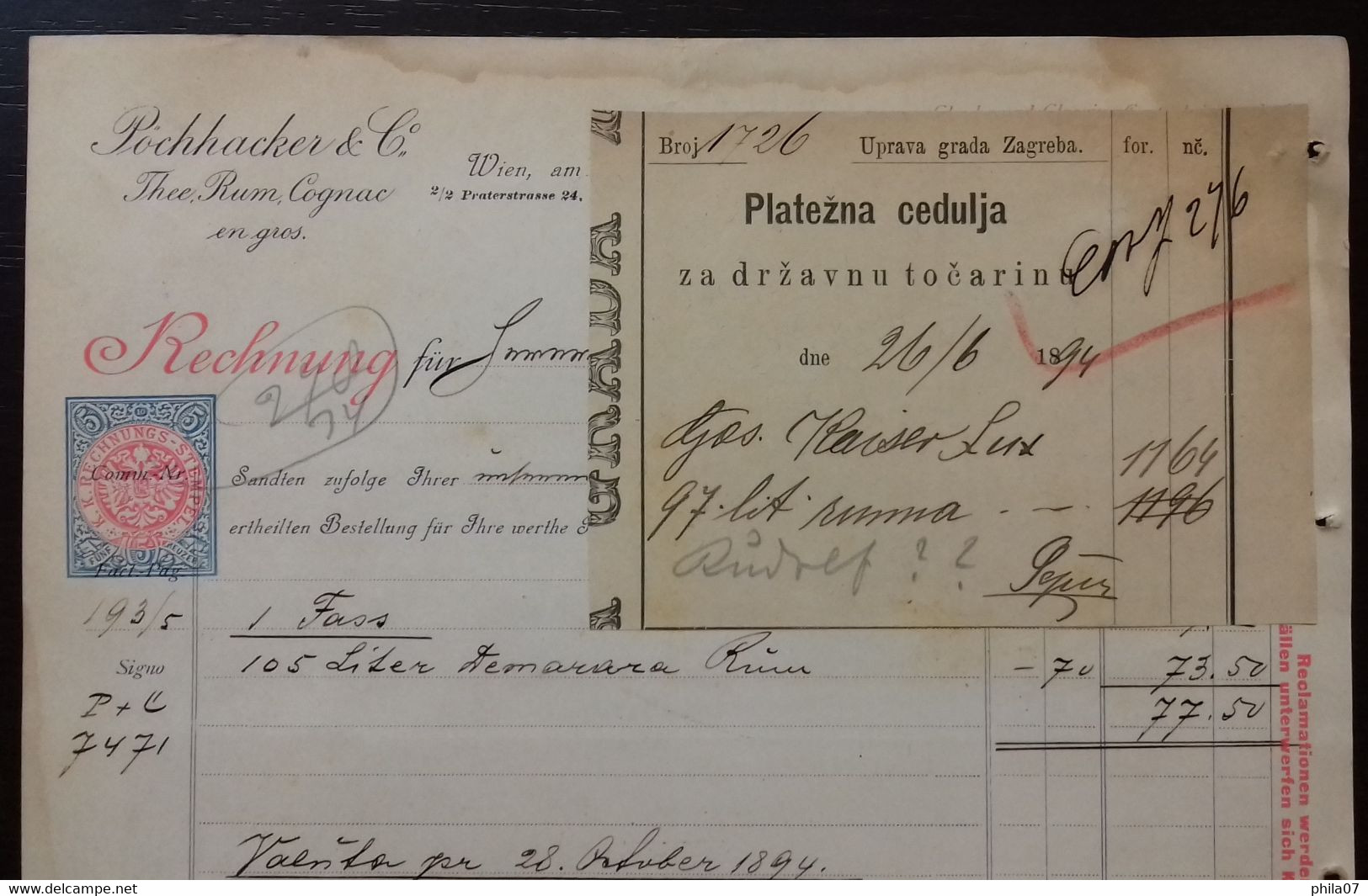 Cognac - Pochhacker & Co. Thee, Rum, Cognac En Gros, Wien 1894, Rechnung, With Payment Receipt. - Autres & Non Classés