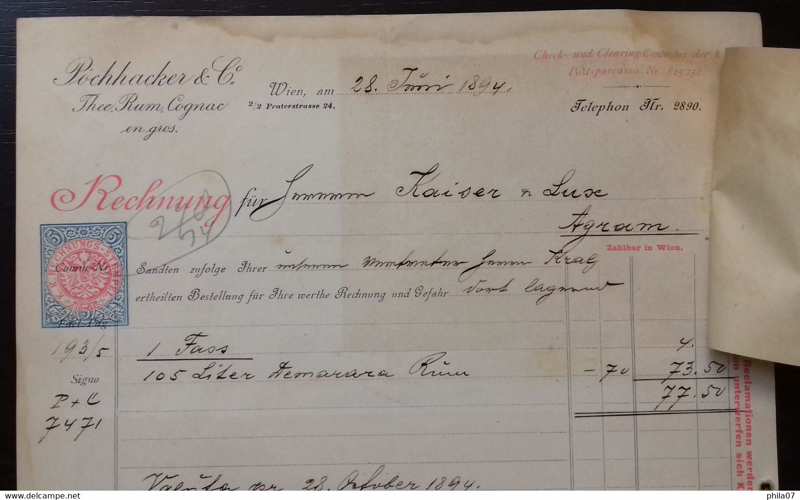 Cognac - Pochhacker & Co. Thee, Rum, Cognac En Gros, Wien 1894, Rechnung, With Payment Receipt. - Other & Unclassified