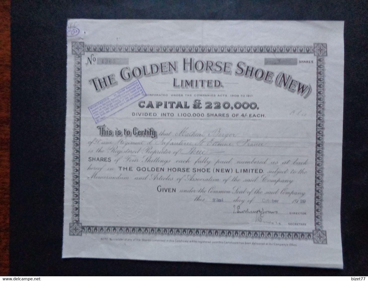 CANADA - ONTARIO - THE GOLDEN HORSE SHOE ( NEW ) - TITRE DE 3 ACTIONS DE 4 SHILLINGS - 1929 - Sonstige & Ohne Zuordnung