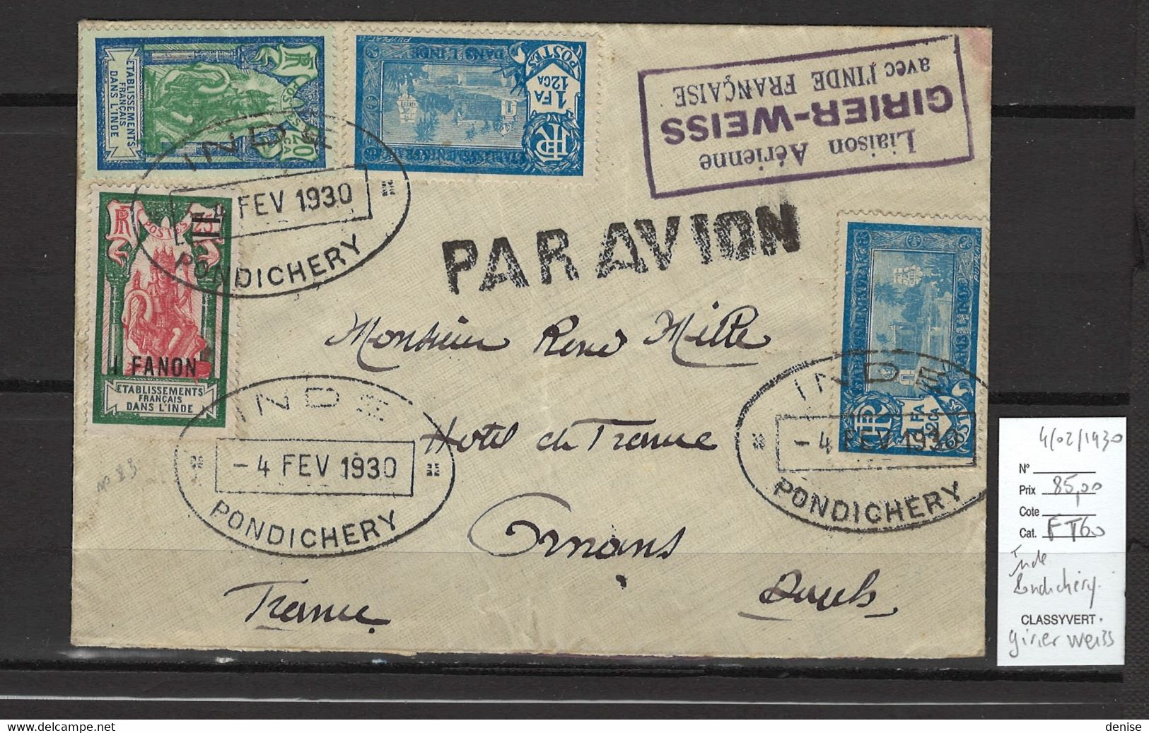 Inde Française - Pondichéry - Liaison Aérienne GIRIER - WEISS - 04/02/1930 - Covers & Documents