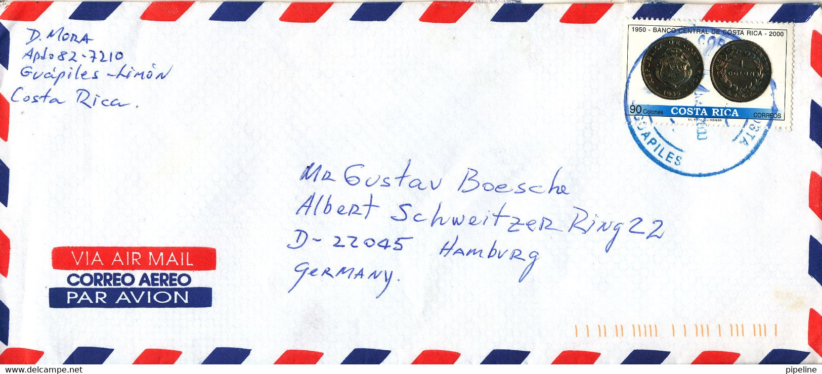 Costa Rica Air Mail Cover Sent To Germany 2000 Single Franked - Costa Rica