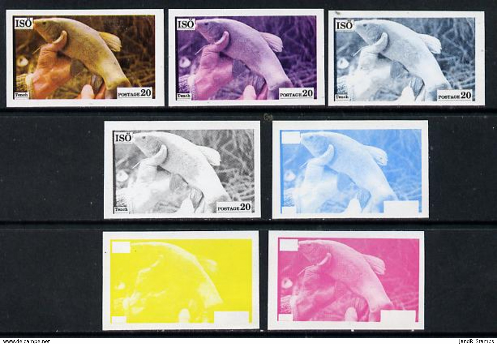 Iso - Sweden 1973 Fish 20 (Tench) Set Of 7 Imperf Progressive Colour Proofs Comprising The 4 Individual Colours Plus 2, - Local Post Stamps