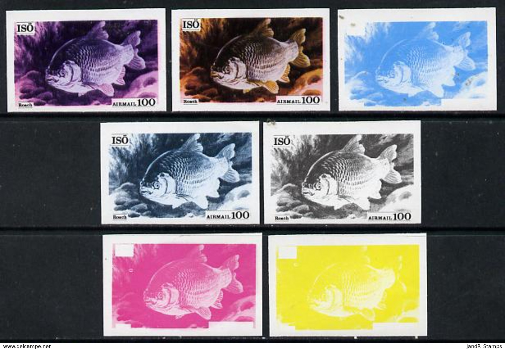 Iso - Sweden 1973 Fish 100 (Roach) Set Of 7 Imperf Progressive Colour Proofs Comprising The 4 Individual Colours Plus 2, - Local Post Stamps