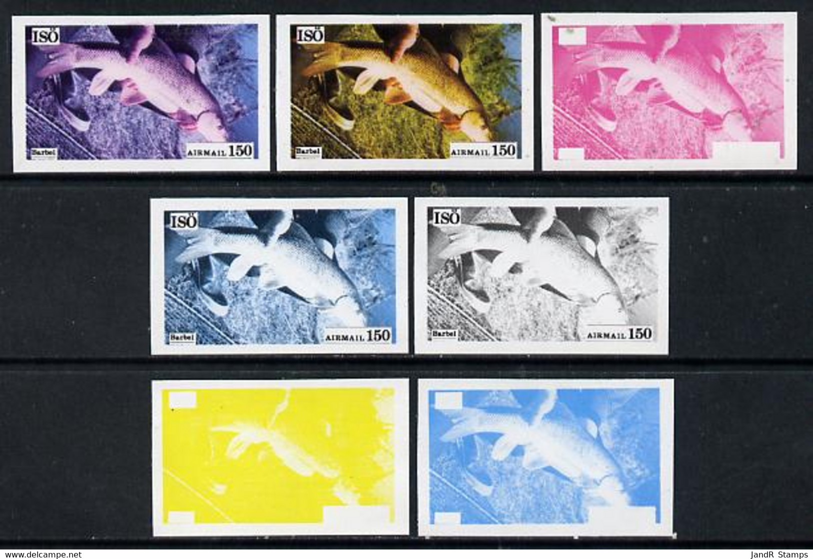 Iso - Sweden 1973 Fish 150 (Barbel) Set Of 7 Imperf Progressive Colour Proofs Comprising The 4 Individual Colours Plus 2 - Local Post Stamps