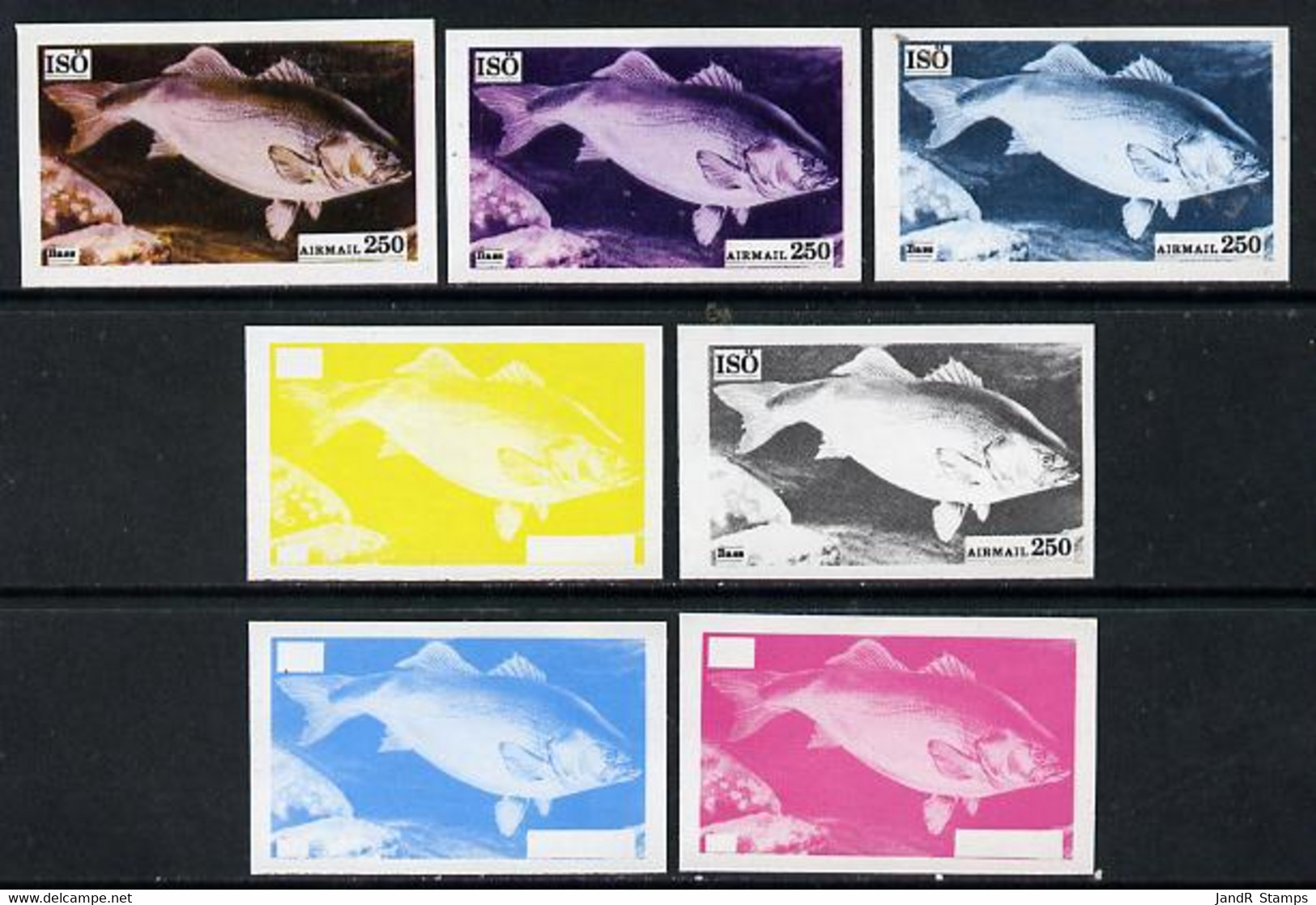 Iso - Sweden 1973 Fish 250 (Bass) Set Of 7 Imperf Progressive Colour Proofs Comprising The 4 Individual Colours Plus 2, - Local Post Stamps