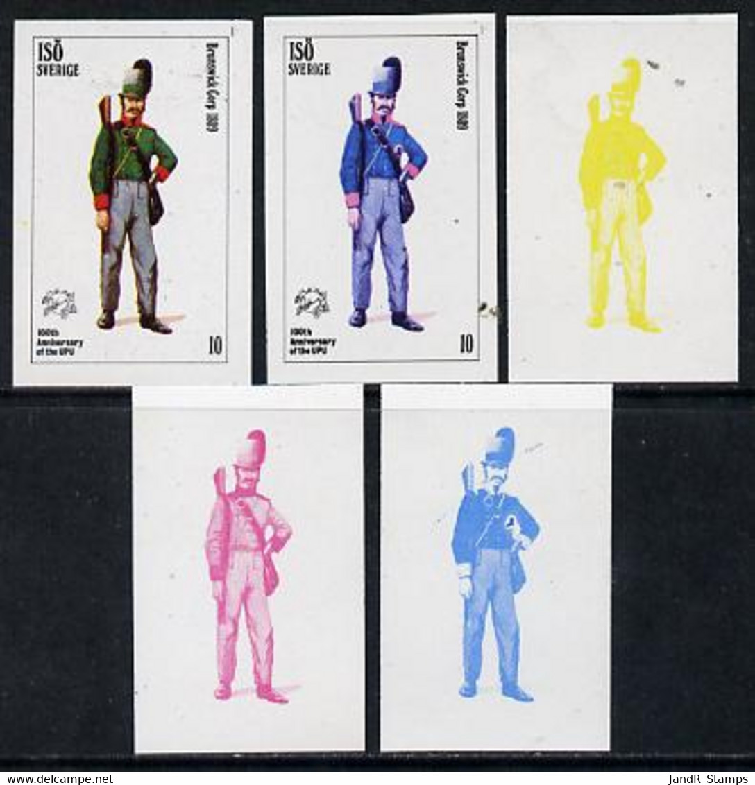 Iso - Sweden 1974 Centenary Of UPU (Military Uniforms) 10 (Brunswick Corp 1809) Set Of 5 Imperf Progressive Colour Proof - Ortsausgaben