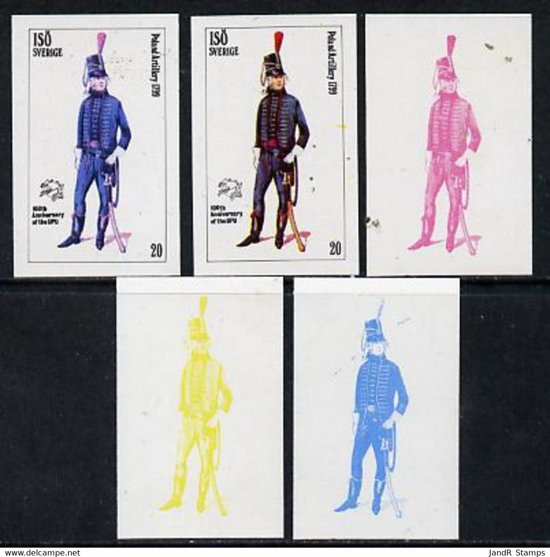 Iso - Sweden 1974 Centenary Of UPU (Military Uniforms) 20 (Poland Artillery 1799) Set Of 5 Imperf Progressive Colour Pro - Emissioni Locali