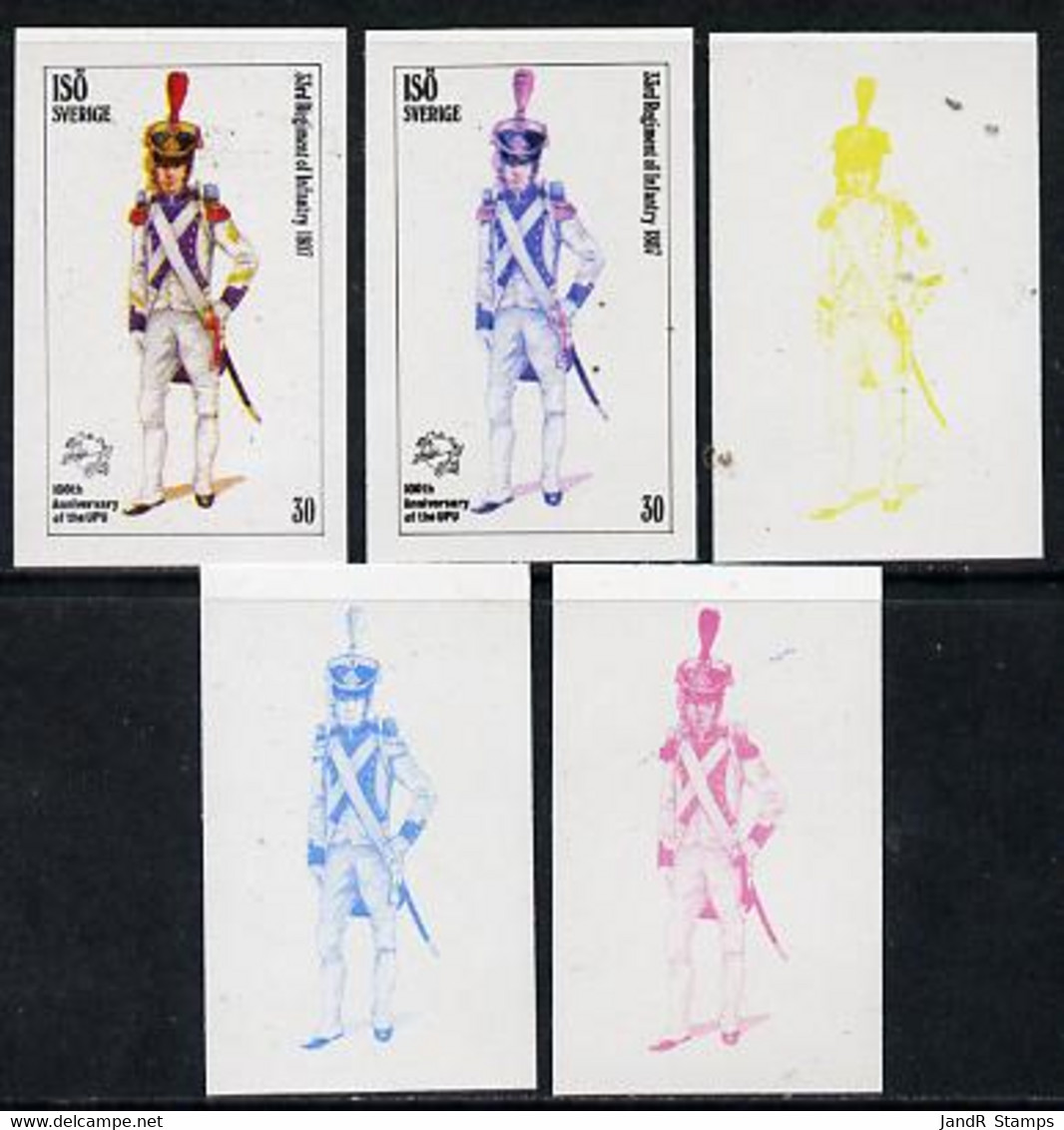 Iso - Sweden 1974 Centenary Of UPU (Military Uniforms) 30 (33rd Regiment Of Infantry 1807) Set Of 5 Imperf Progressive C - Ortsausgaben