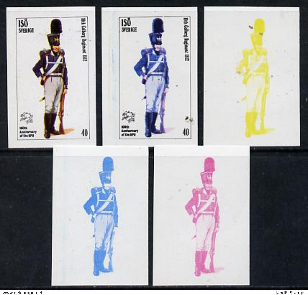 Iso - Sweden 1974 Centenary Of UPU (Military Uniforms) 40 (10th Colberg Regiment 1812) Set Of 5 Imperf Progressive Colou - Ortsausgaben