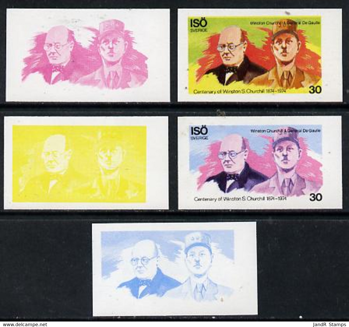 Iso - Sweden 1974 Churchill Birth Centenary 30 (with De Gaulle) Set Of 5 Imperf Progressive Colour Proofs Comprising 3 I - Local Post Stamps