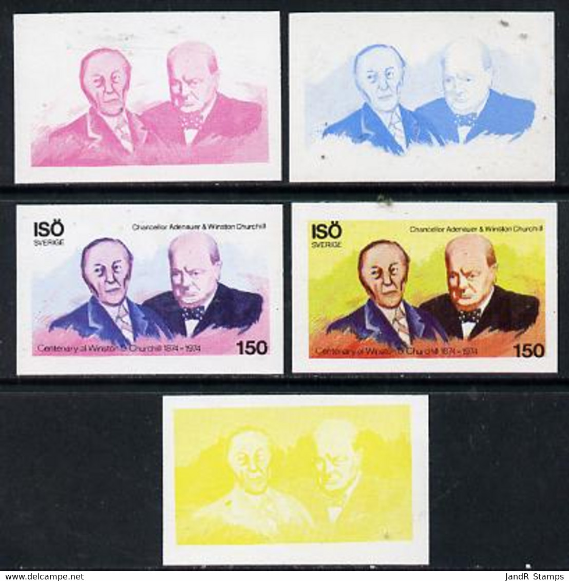 Iso - Sweden 1974 Churchill Birth Centenary 150 (with Adenauer) Set Of 5 Imperf Progressive Colour Proofs Comprising 3 I - Local Post Stamps