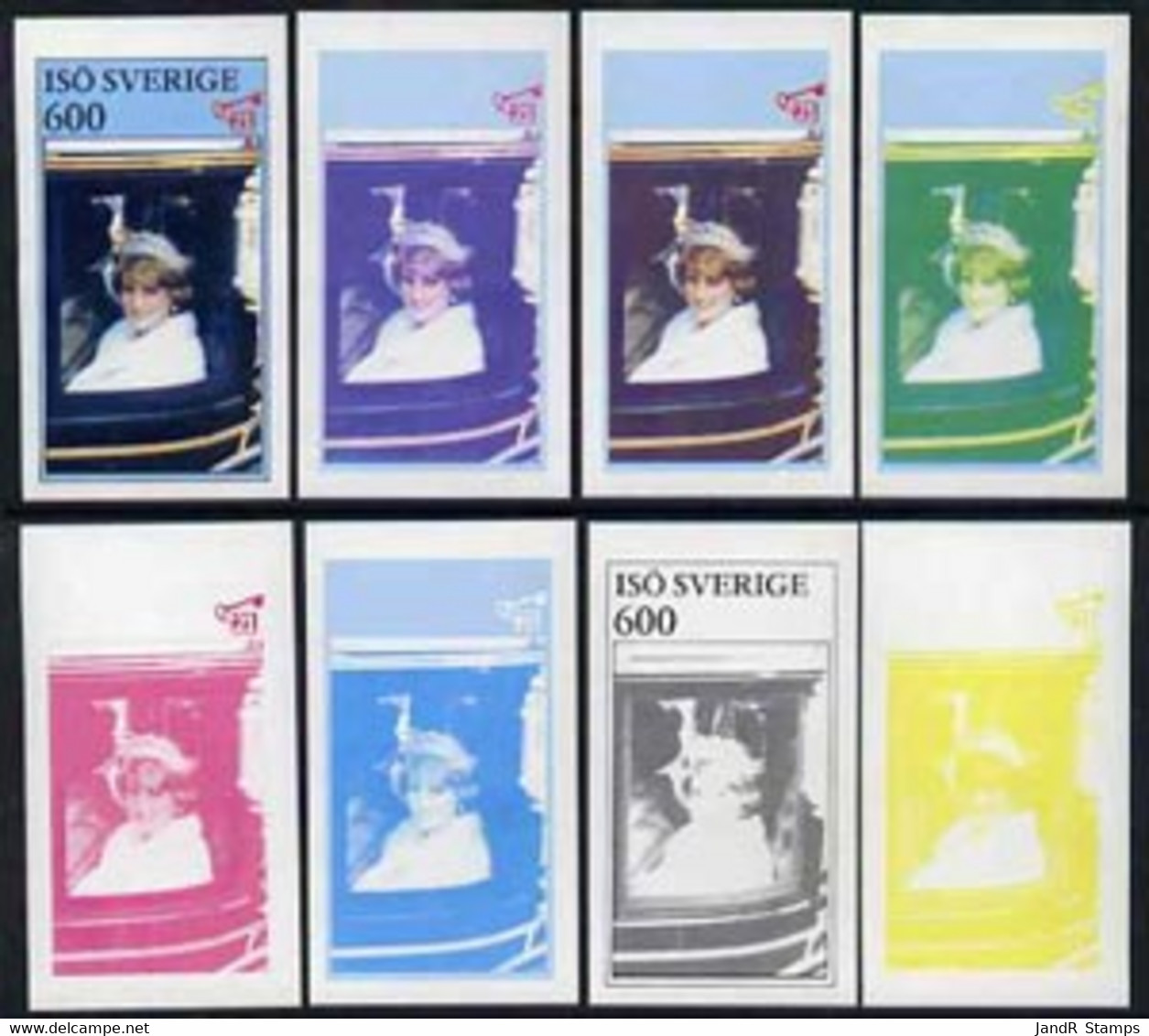 Iso - Sweden 1982 Princess Di's 21st Birthday Imperf Souvenir Sheet (600 Value) Set Of 8 Progressive Proofs Comprising T - Local Post Stamps