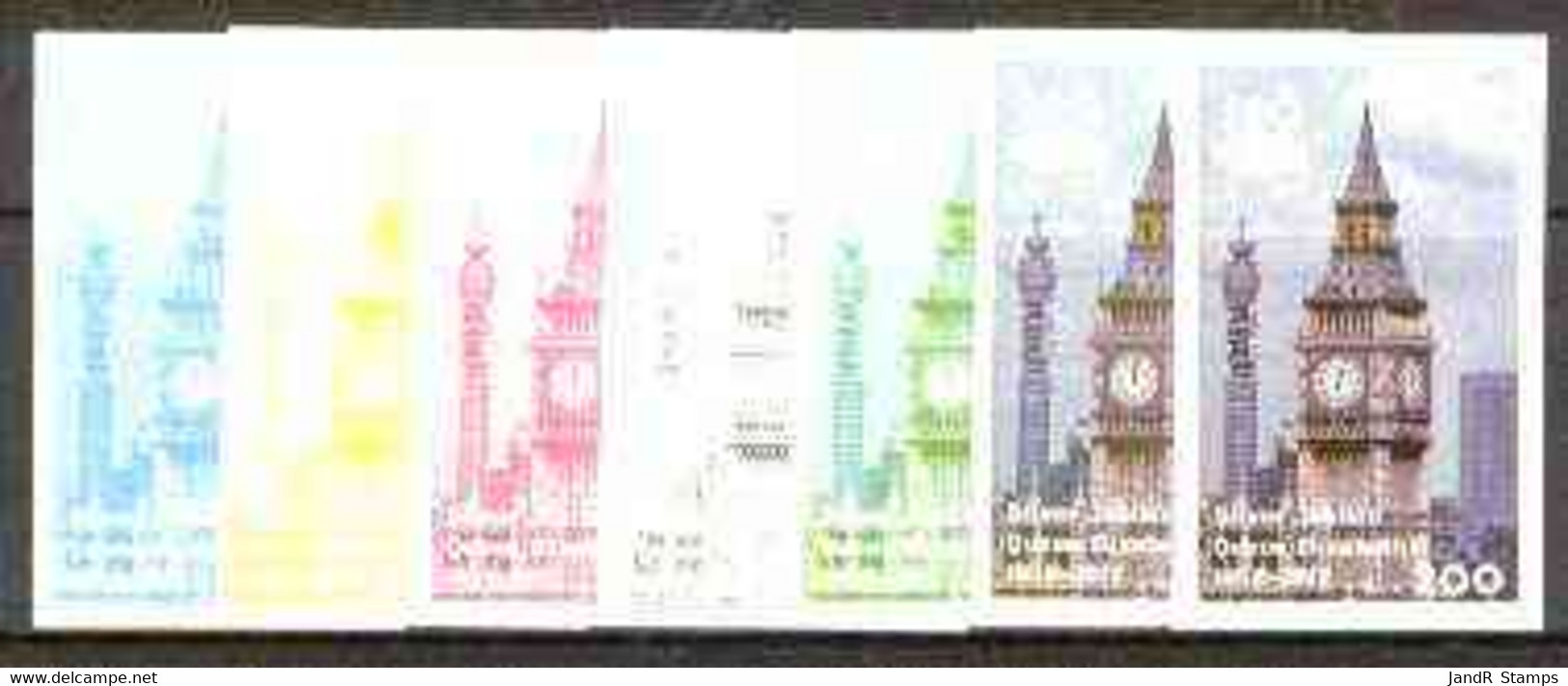 Iso - Sweden 1977 Silver Jubilee (London Scenes) 200 Value (Big Ben & PO Tower) Set Of 7 Imperf Progressive Colour Proof - Emissions Locales