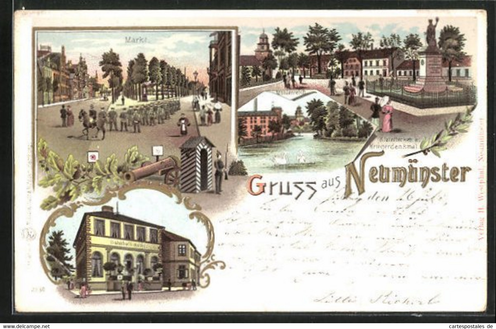 Lithographie Neumünster, Bahnhofs-Hotel, Markt - Neumuenster