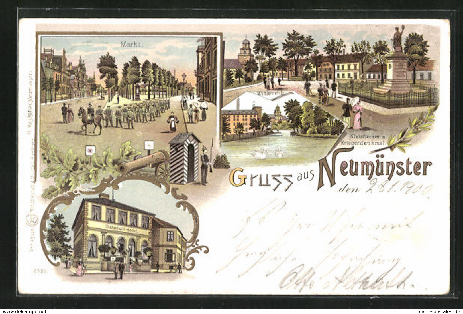 Lithographie Neumünster, Bahnhofs-Hotel, Mühlenteich, Kriegerdenkmal - Neumuenster