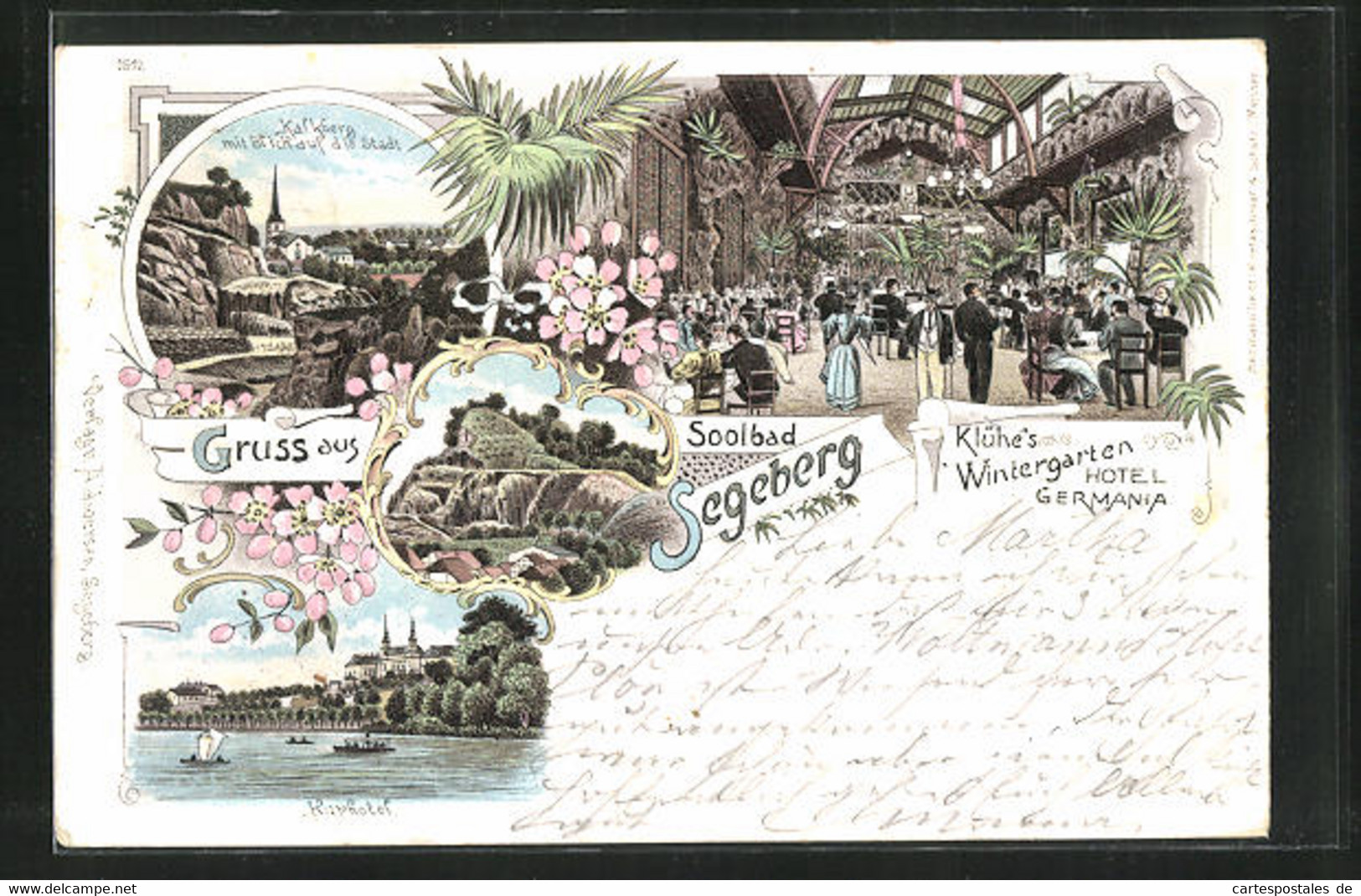 Lithographie Segeberg, Hotel Germania Mit Wintergarten, Hotel Kurhotel Mit Dampfer, Kalkberg Mit Blick Auf Die Stadt - Damp