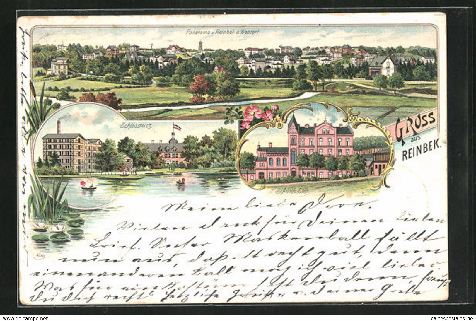 Lithographie Reinbek, St. Adolfs-Stift, Schlossteich, Panorama - Reinbek