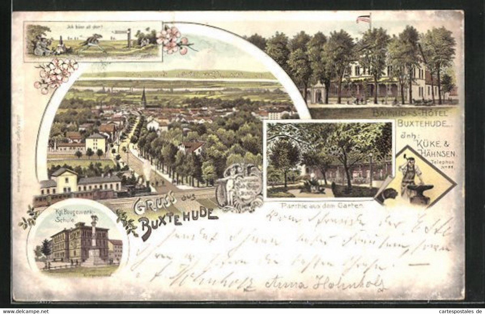 Lithographie Buxtehude, Bahnhofs-Hotel Mit Terrasse, Kgl. Baugewerkschule, Gesamtansicht Mit Dampflok - Buxtehude