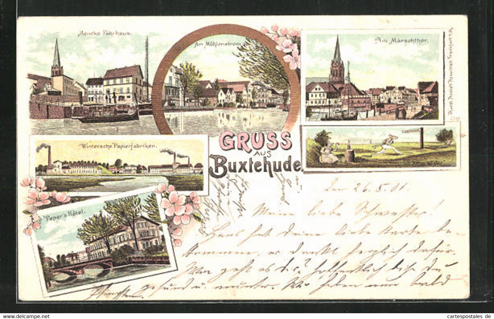 Lithographie Buxtehude, Hotel Peper, Papierfabrik Wintersche, Partie Am Mühlenstrom Mit Fährhaus - Buxtehude