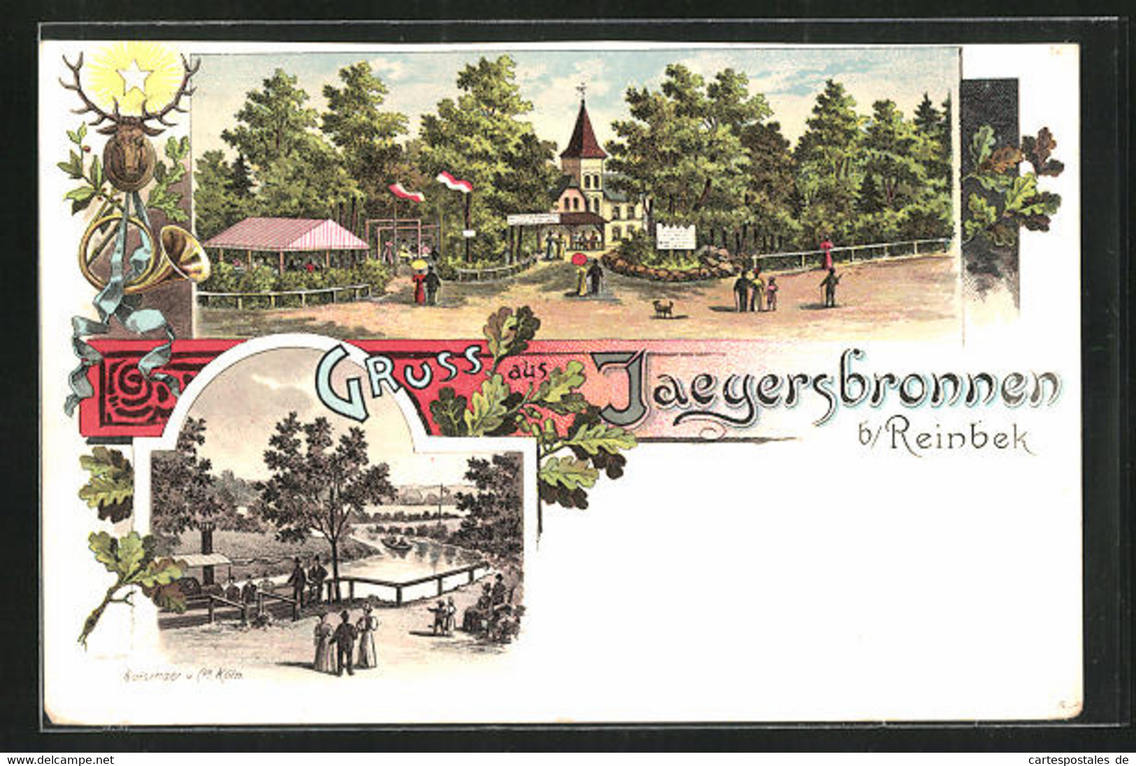 Lithographie Reinbek, Gasthof Jägersbronnen, Steg Mit Fluss - Reinbek