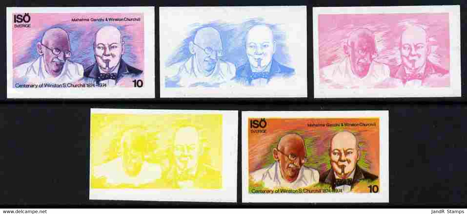 Iso - Sweden 1974 Churchill Birth Centenary 10 (with Gandih) Set Of 5 Imperf Progressive Colour Proofs Comprising 3 Indi - Ortsausgaben