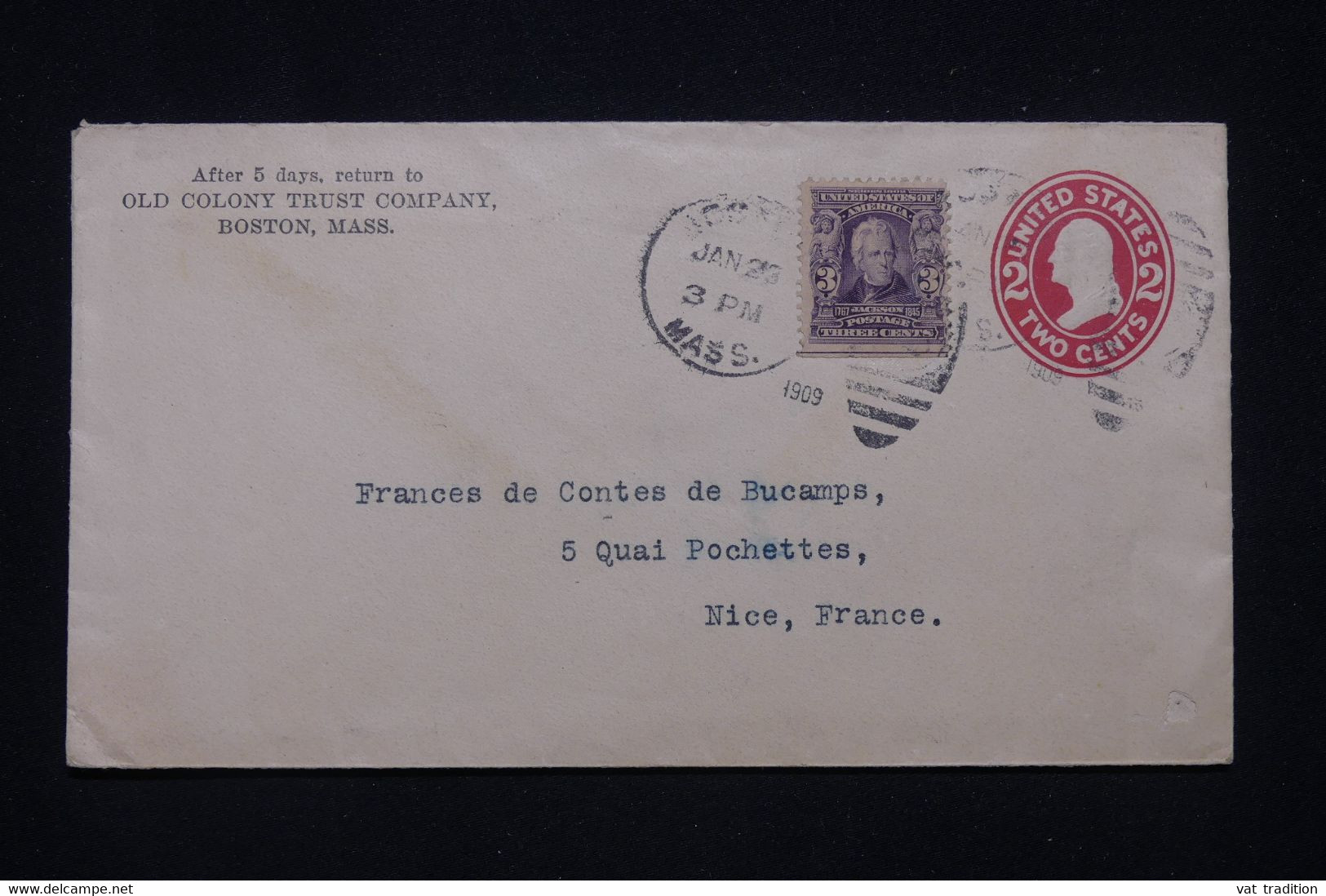 ETATS UNIS - Entier Postal Commercial + Complément De Boston En 1909 Pour La France - L 100197 - 1901-20